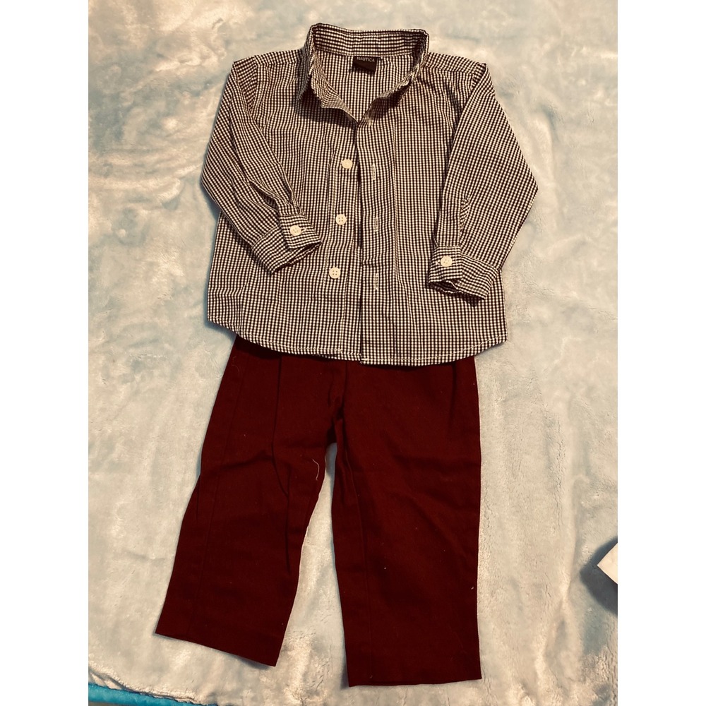 Nautica Boys 12M 2pc Set Gingham‎ Button Down Shirt and Burgundy Pants Outfit